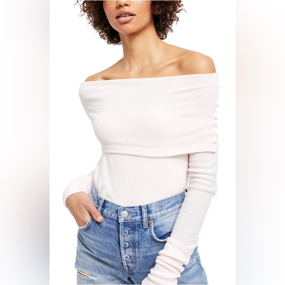 New Free People Snow Bunny Pink Off Shoulder Sweater Ribbed Size Large